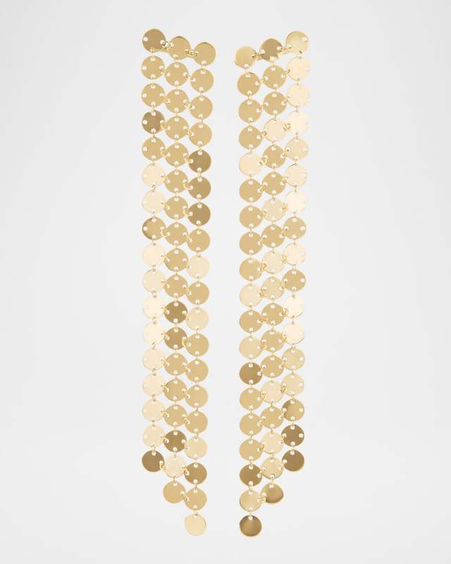 14K Yellow Gold 3-Strand Long Laser Disc Chainmail Fringe Earrings